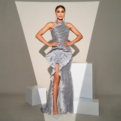 Sleeveless Off-the-shoulder Sequined High-slit Dress
