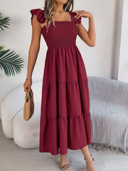 Ruffle Off The Shoulder Embroidered Floral Tiered Maxi Dress - Wine Red