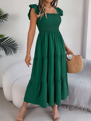 Ruffle Off The Shoulder Embroidered Floral Tiered Maxi Dress - Dark Green