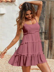 Flattering Tiered Ruffle Empire Waist Mini Summer Sundress - Bean Paste Color