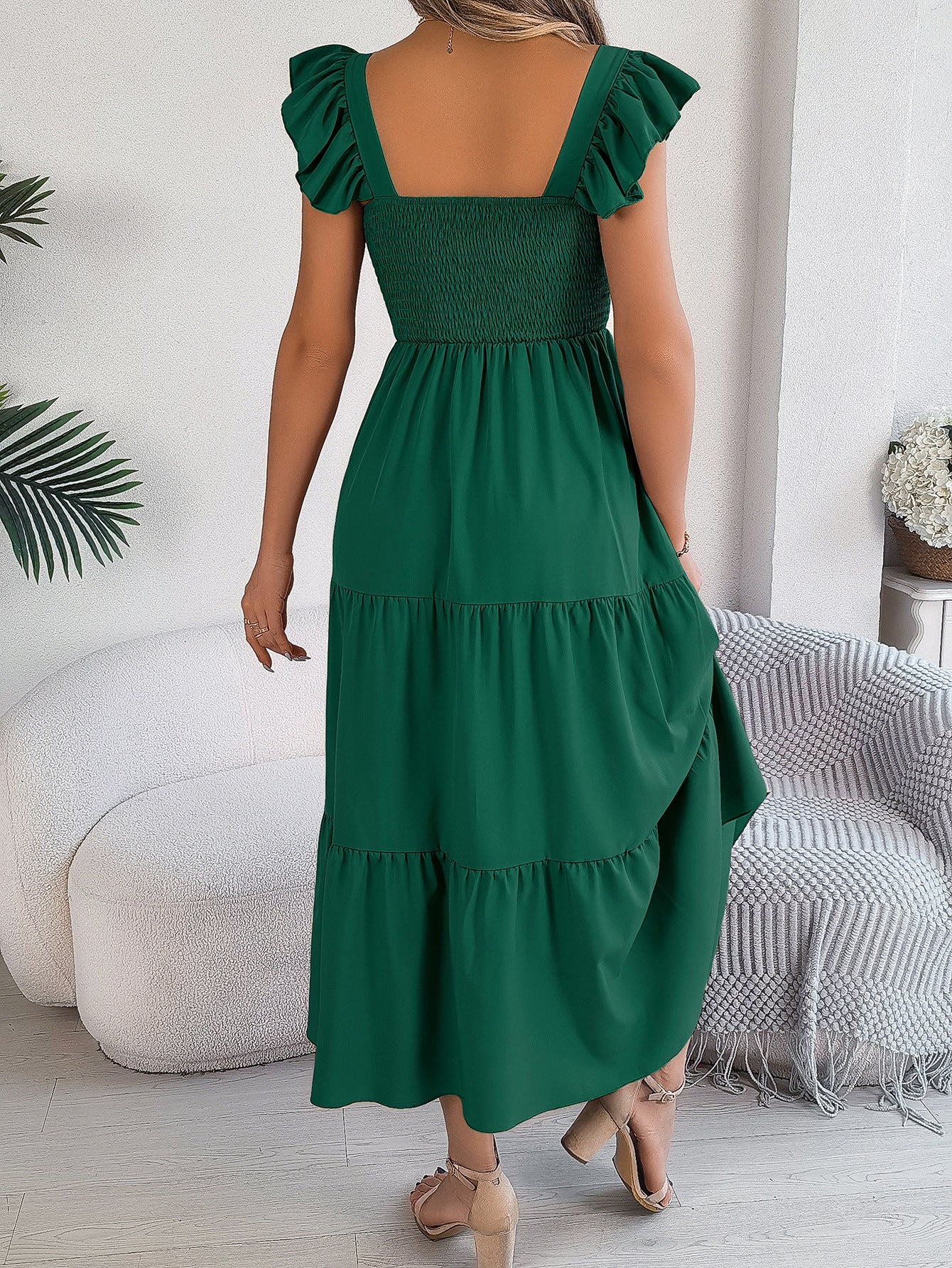 Ruffle Off The Shoulder Embroidered Floral Tiered Maxi Dress - Dark Green