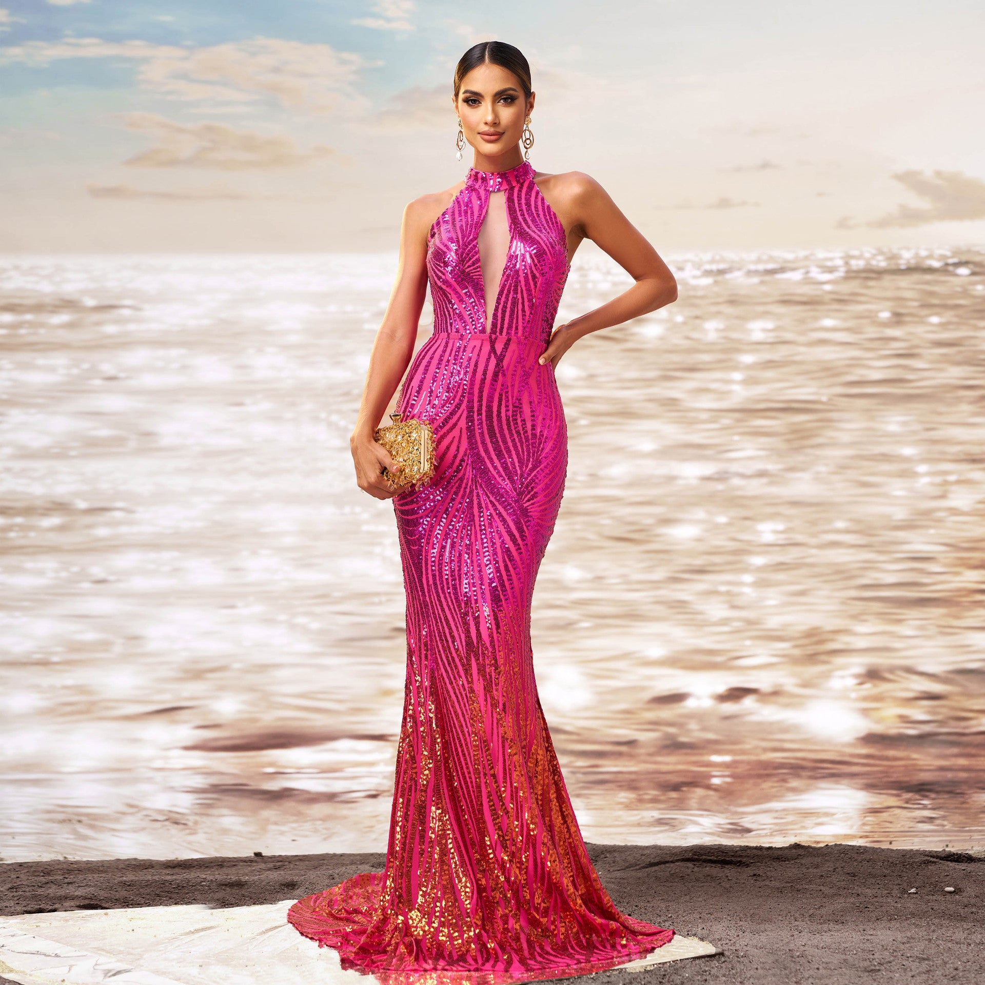 Off-shoulder slim fit hip sequined fishtail evening dress