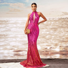 Off-shoulder slim fit hip sequined fishtail evening dress