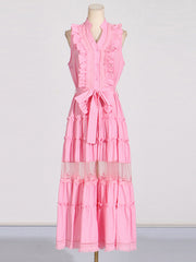 Swingy Buttoned Sleeveless Beach Vacation Ruffle Tiered Maxi Sundress - Pink