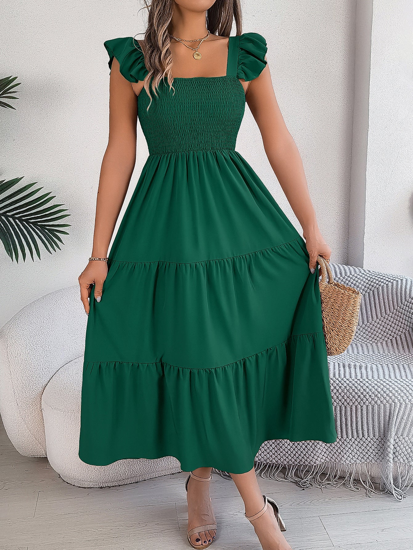 Ruffle Off The Shoulder Embroidered Floral Tiered Maxi Dress - Dark Green