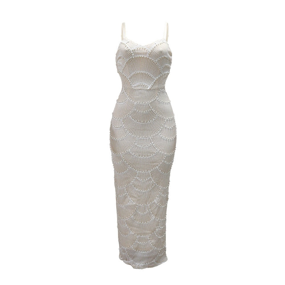 Sequin Beaded Strapless Slit Dress