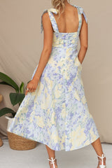 Breezy Tie Strap Fit & Flare Floral Printed Summer Midi Sundress - Blue