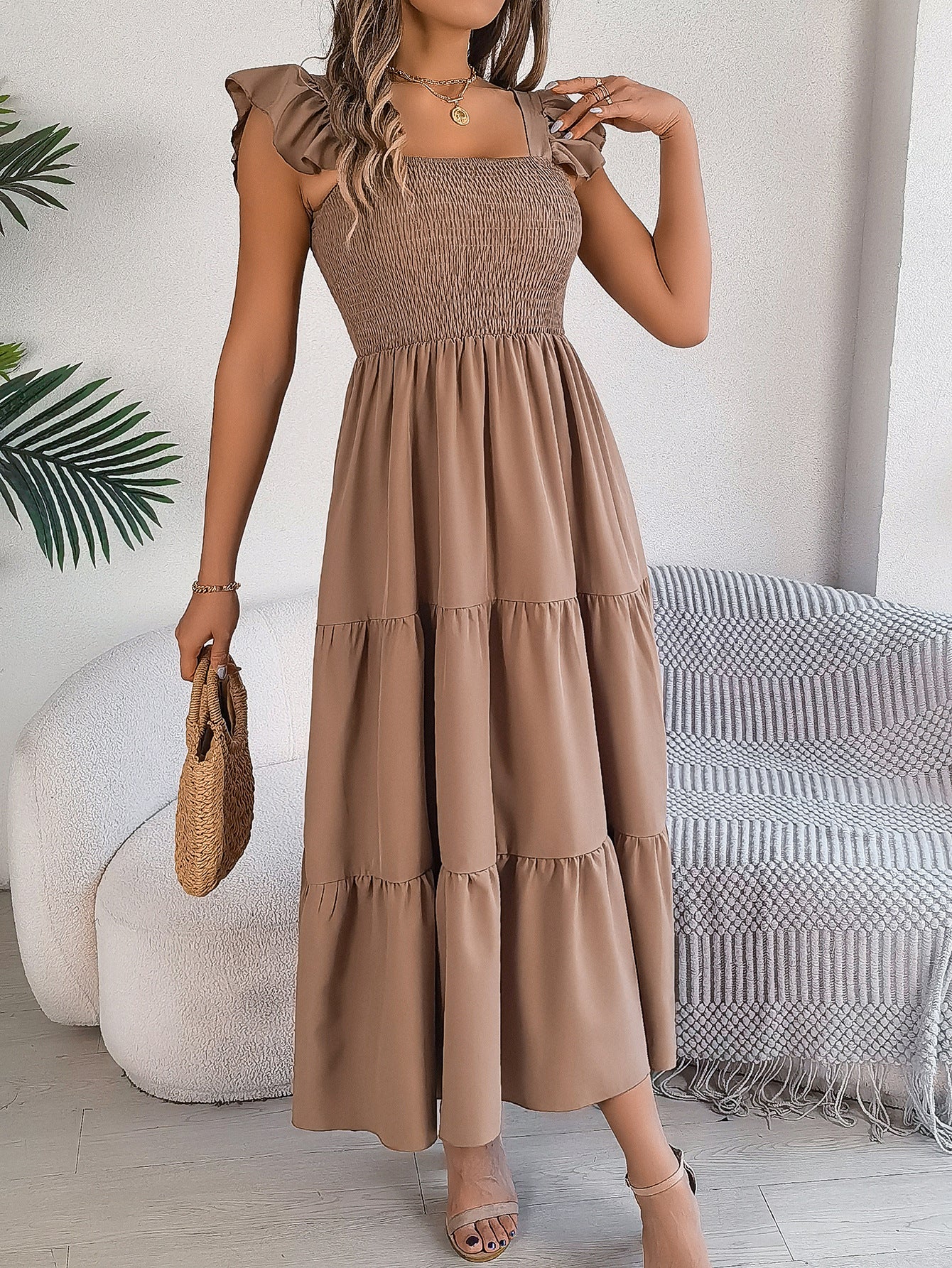 Ruffle Off The Shoulder Embroidered Floral Tiered Maxi Dress - Khaki