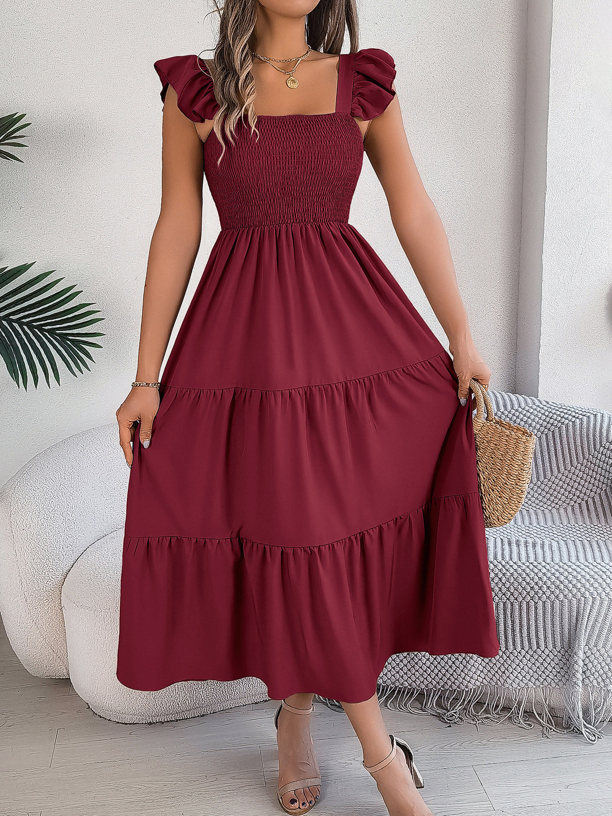 Ruffle Off The Shoulder Embroidered Floral Tiered Maxi Dress - Wine Red