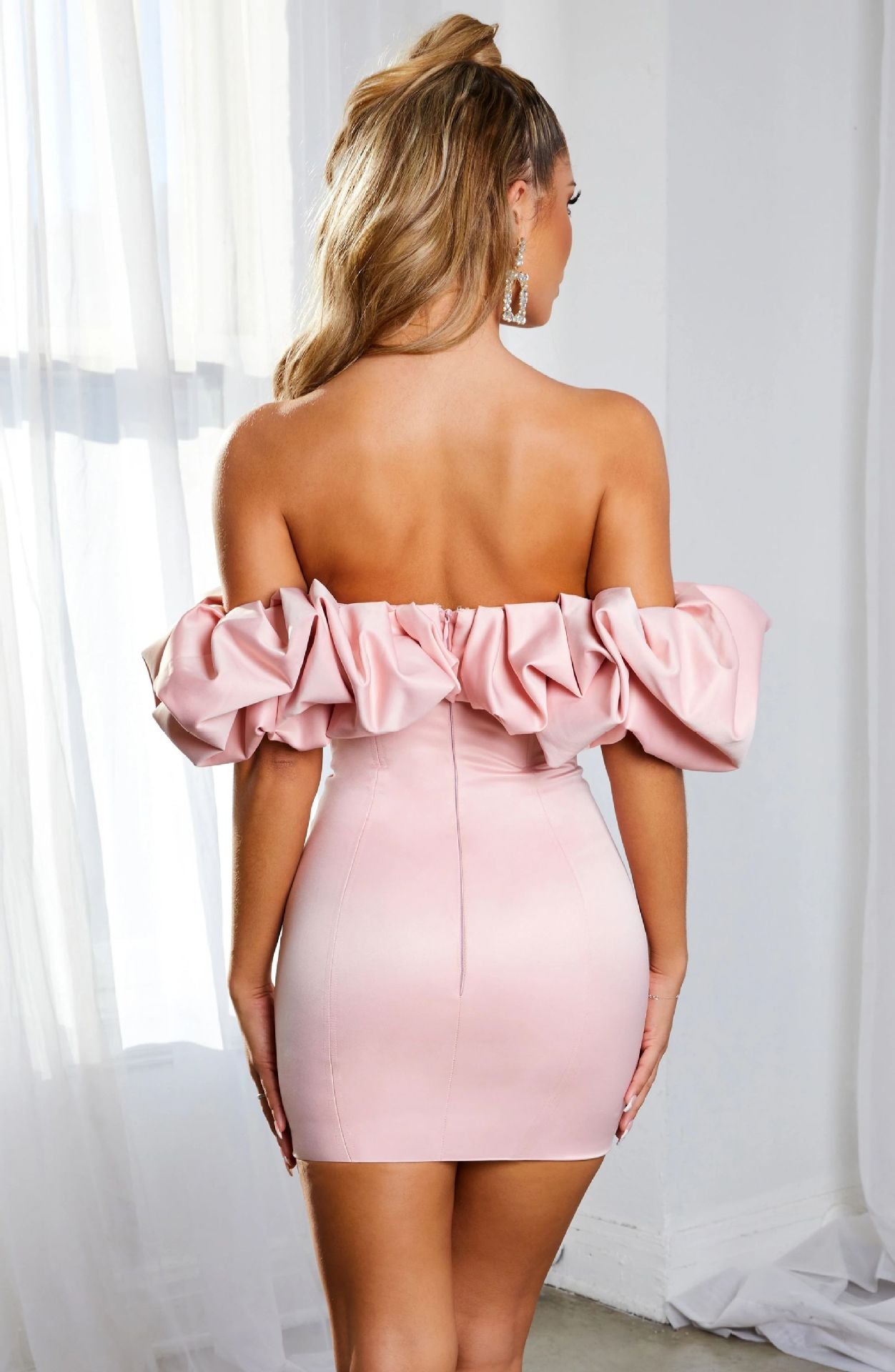 Zari Satin Ruffles Off Shoulder Mini Dress  - Pink