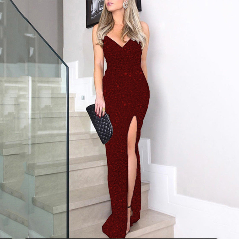 A Halter Sequined Slit Dress
