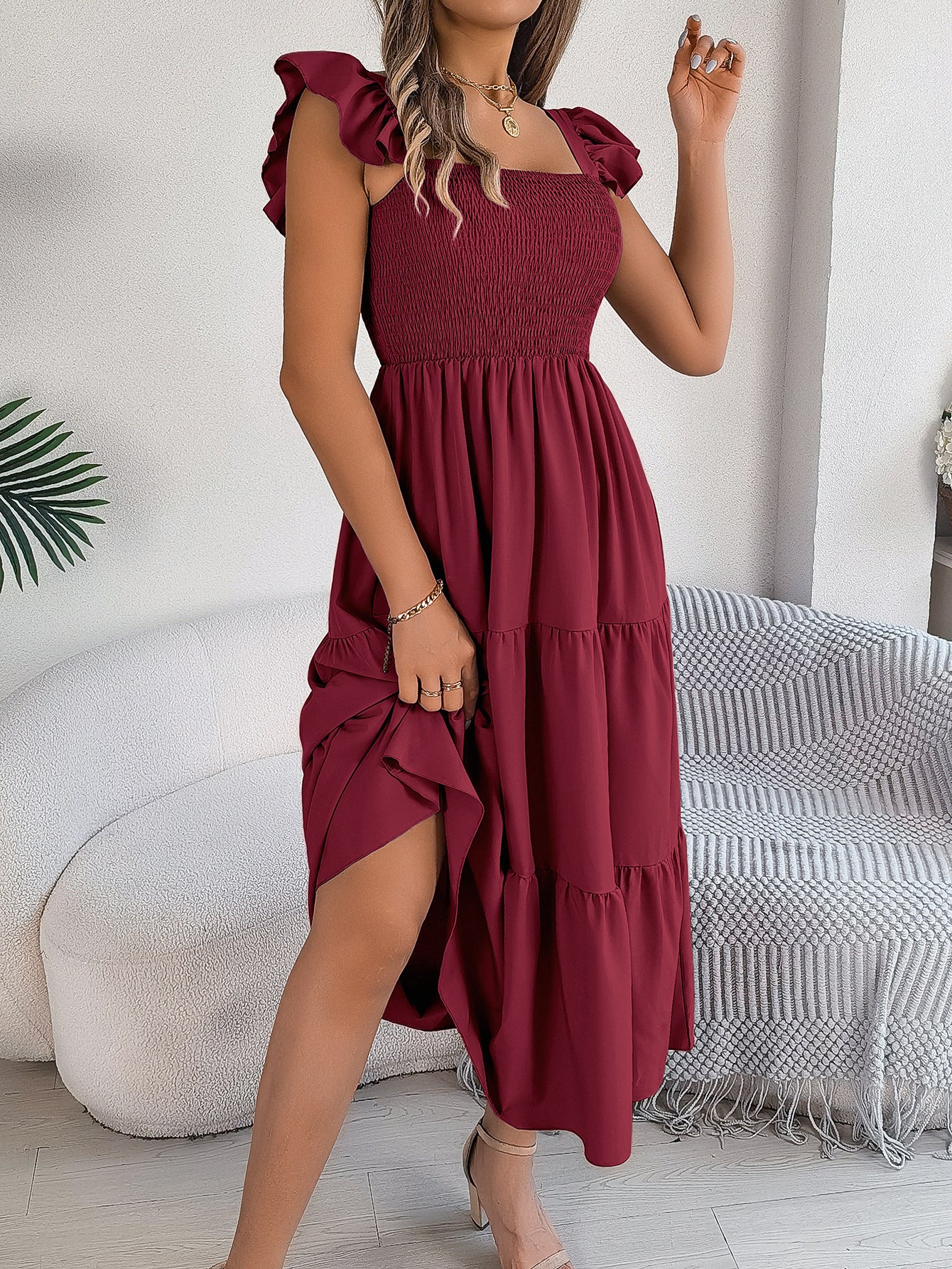 Ruffle Off The Shoulder Embroidered Floral Tiered Maxi Dress - Wine Red