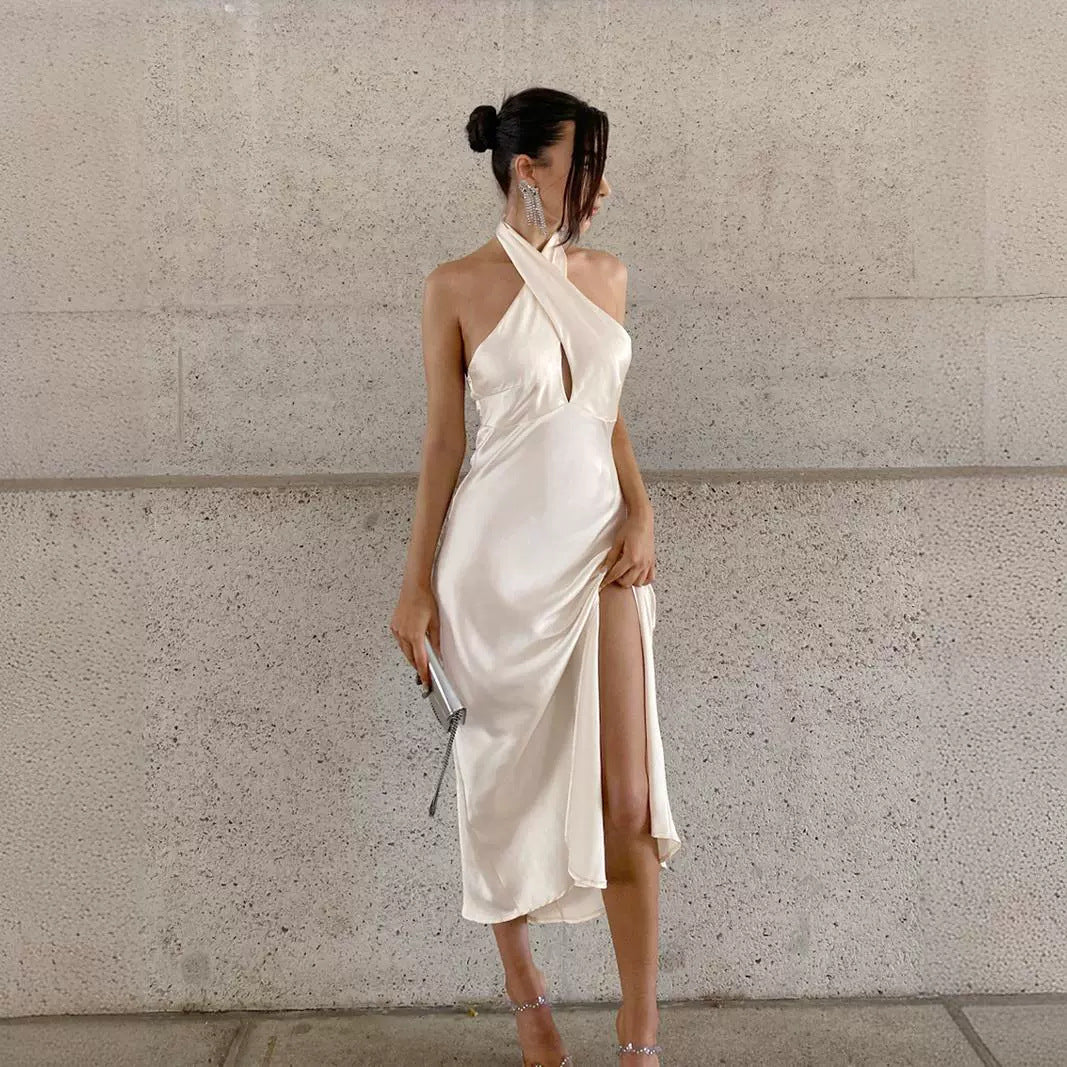 Sleeveless One-Line Off-The-Neck Slit Dress