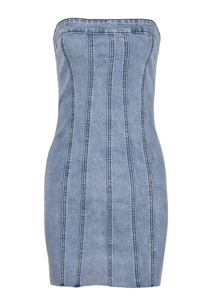 Vintage Distressed Banded Trägerloses Denim Bodycon Minikleid - Hellblau