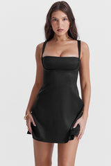 Satin Square Neck Suspender Strap Summer Party Mini Dress - Black