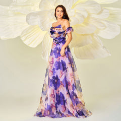 Slim fit waist printed evening dress