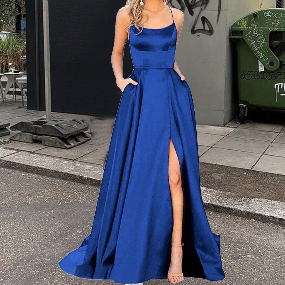 Elegantes Abendkleid mit hohem Schlitz, rückenfreies langes Kleid