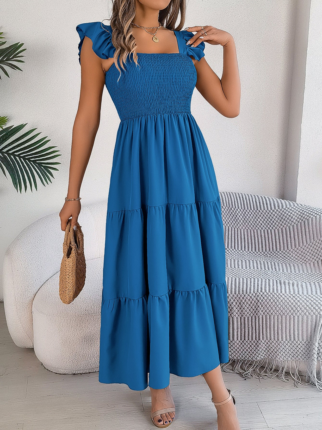 Ruffle Off The Shoulder Embroidered Floral Tiered Maxi Dress - Royal Blue