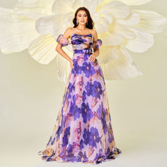 Slim fit waist printed evening dress