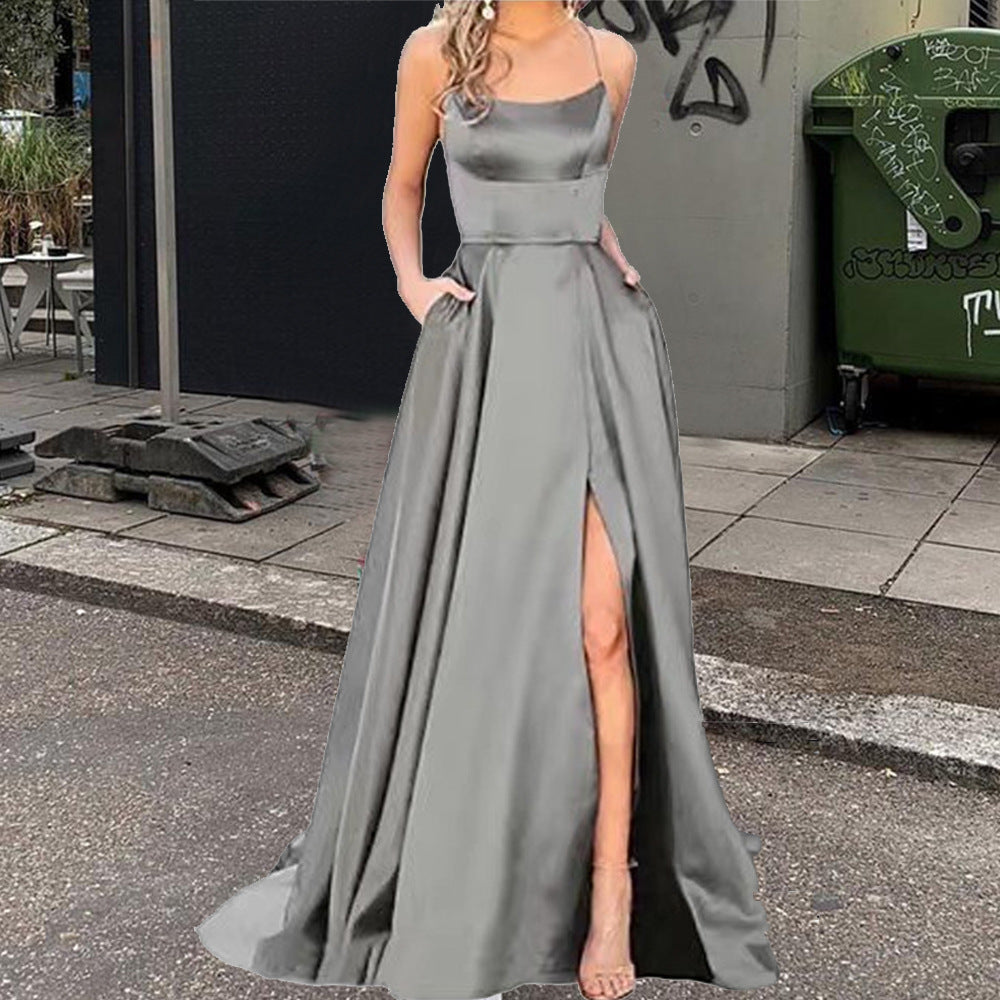 Elegantes Abendkleid mit hohem Schlitz, rückenfreies langes Kleid