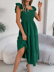 Ruffle Off The Shoulder Embroidered Floral Tiered Maxi Dress - Dark Green