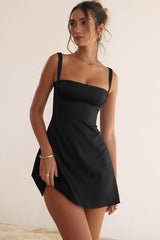 Satin Square Neck Suspender Strap Summer Party Mini Dress - Black