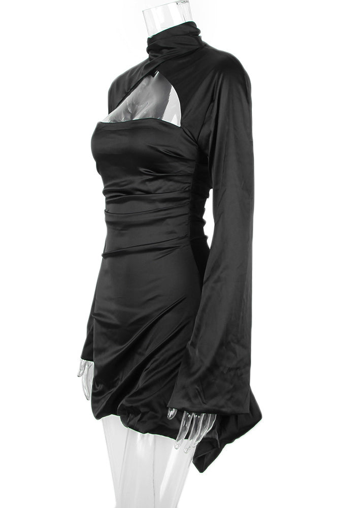 Swan Backless Halter Draped Satin Mini Dress - Black