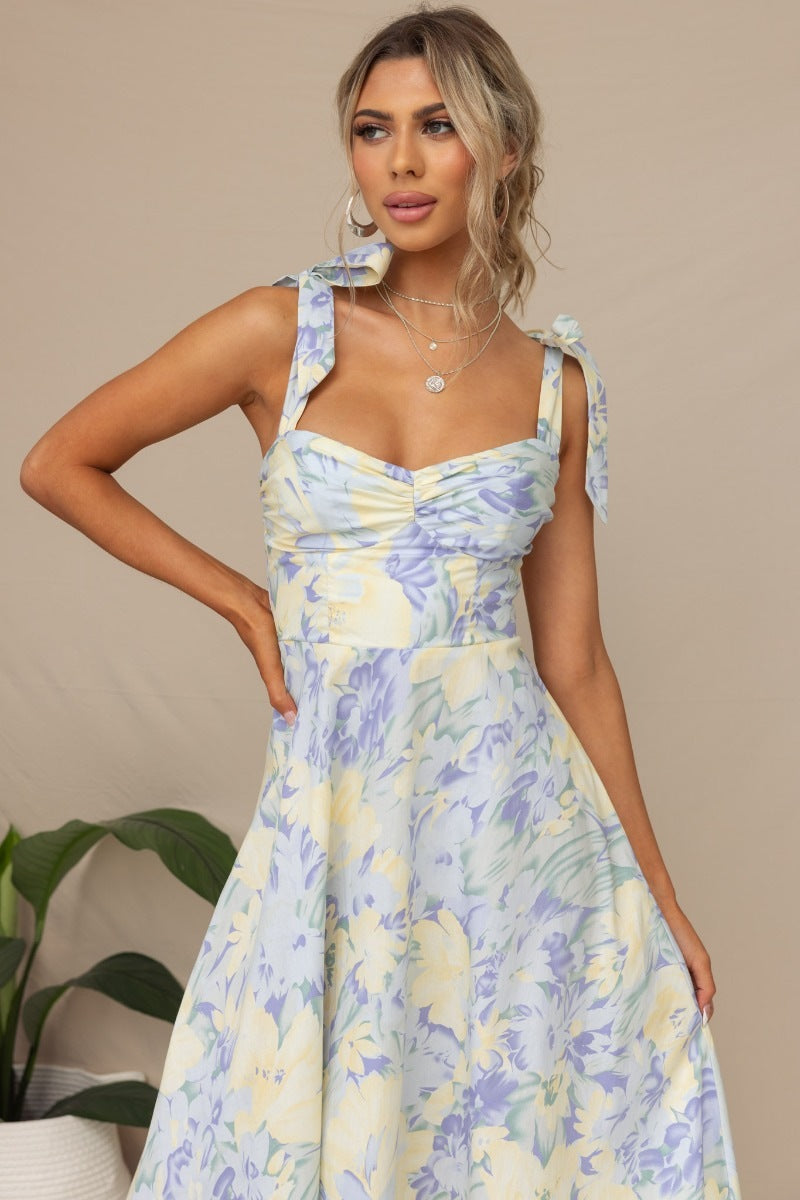 Breezy Tie Strap Fit & Flare Floral Printed Summer Midi Sundress - Blue