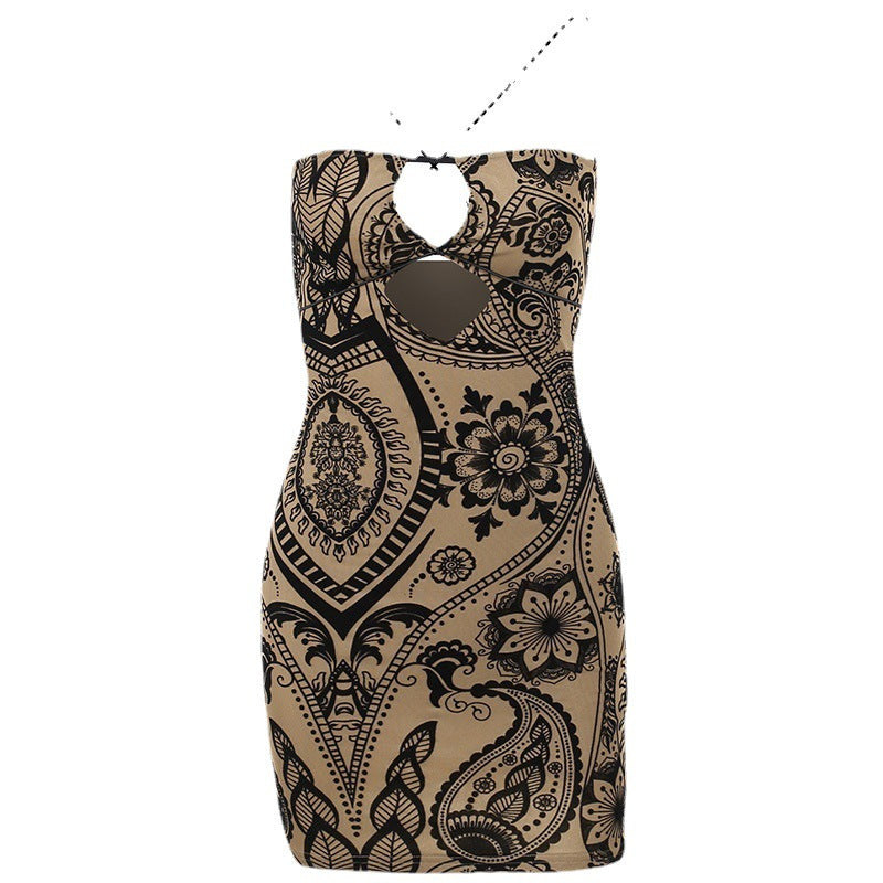 Printed Hollow Hip Suspender Skirt