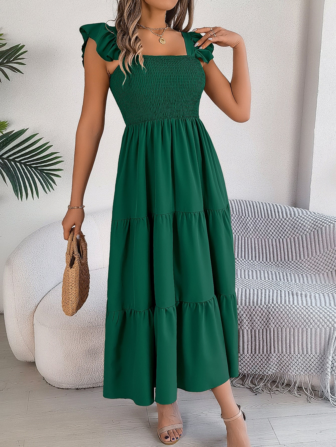 Ruffle Off The Shoulder Embroidered Floral Tiered Maxi Dress - Dark Green