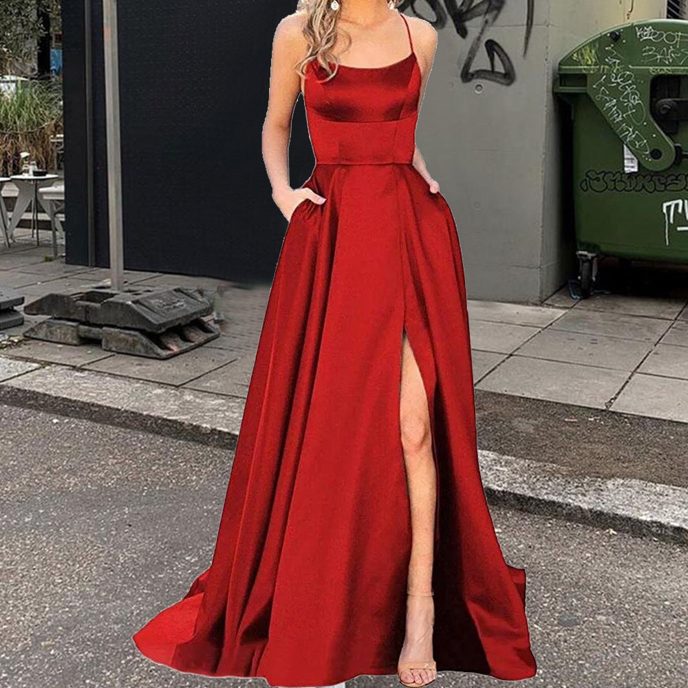 Elegant High Slit Evening Dress Backless Long Dress