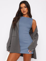 Elegant High Boat Neck Sleeveless Bodycon Mini Dress - Gray Blue