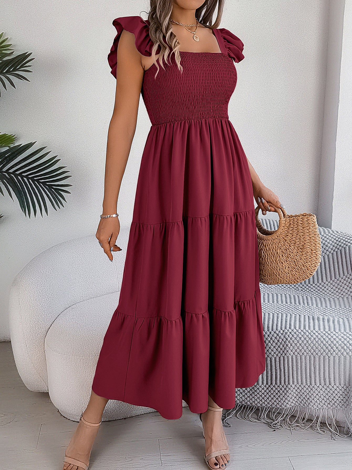 Ruffle Off The Shoulder Embroidered Floral Tiered Maxi Dress - Wine Red