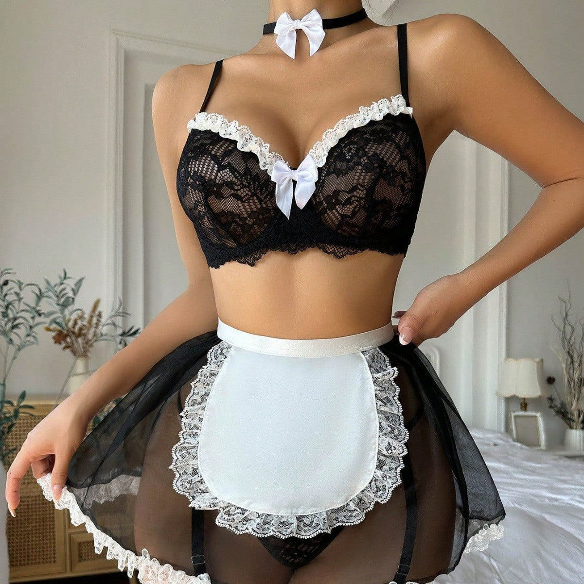 Black Contrast Lace Trim French Maid Lingerie Set