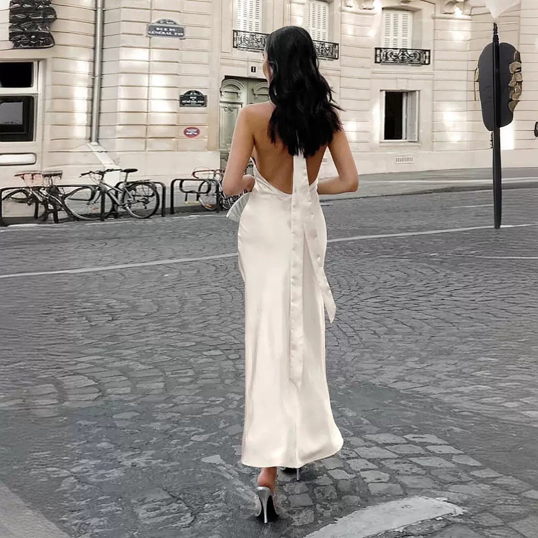 Sleeveless One-Line Off-The-Neck Slit Dress