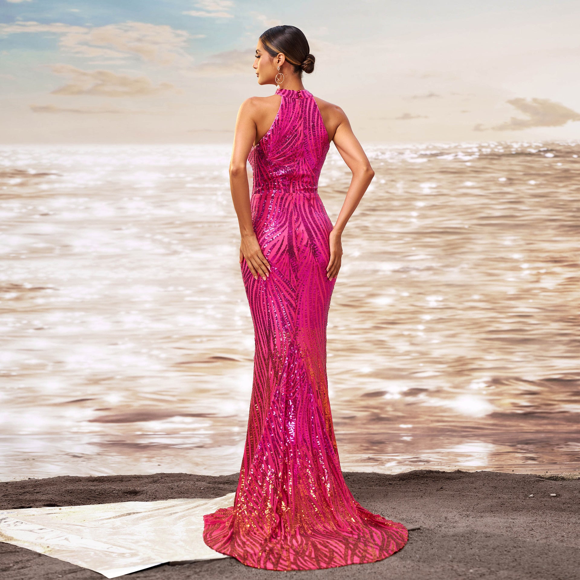 Off-shoulder slim fit hip sequined fishtail evening dress