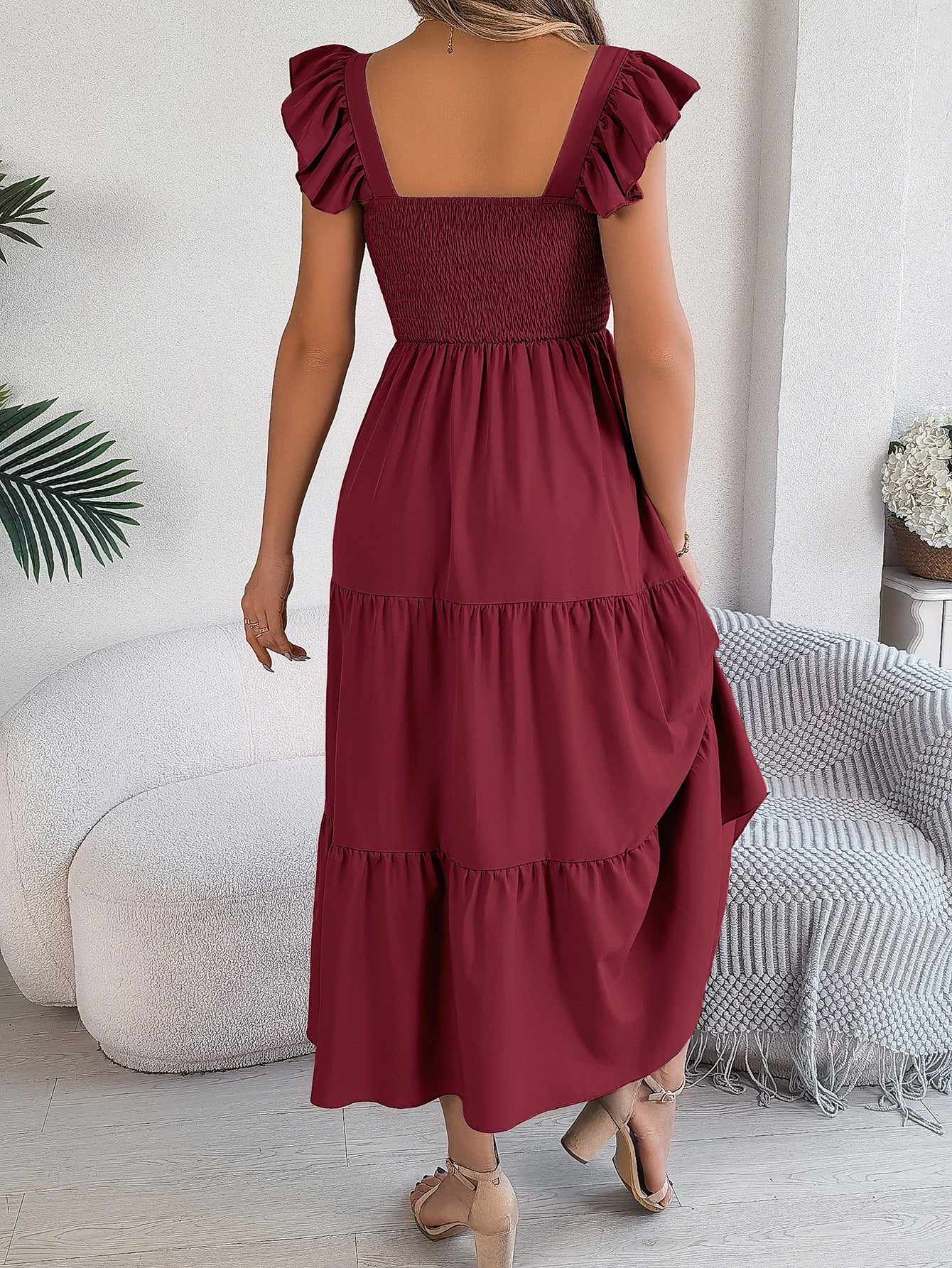 Ruffle Off The Shoulder Embroidered Floral Tiered Maxi Dress - Wine Red