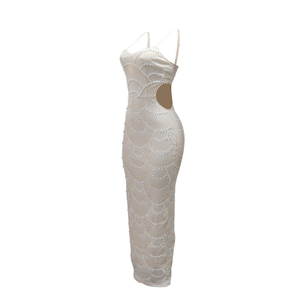 Sequin Beaded Strapless Slit Dress