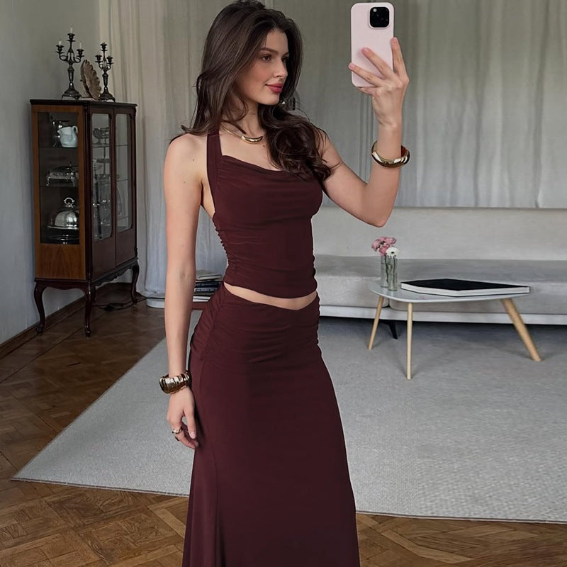 Tie-Drawstring Halter Top and Slim Pleated Skirt Set