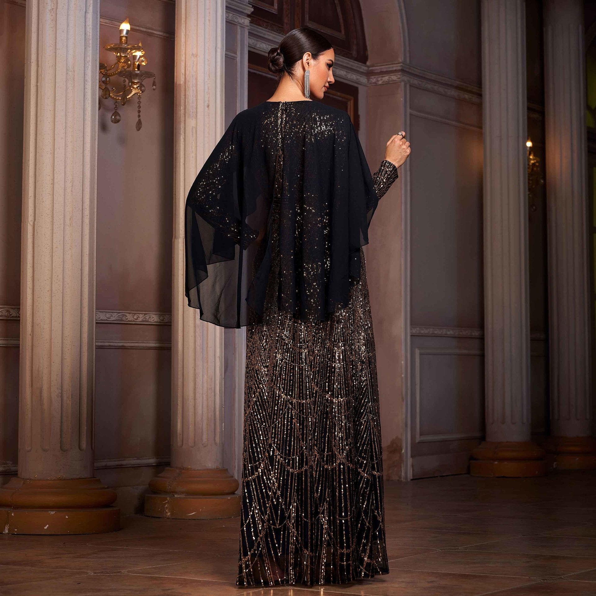 Long-sleeved round neck cape sequined evening dress