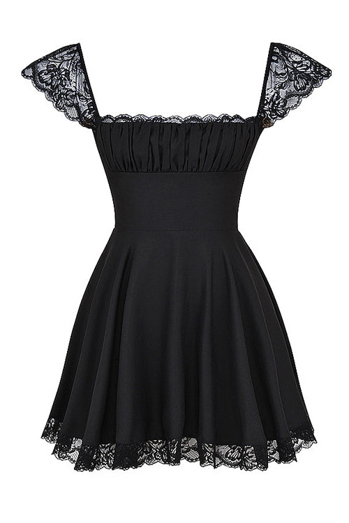 Cute Scalloped Cap Sleeve Square Neck Fit & Flare Mini Summer Sundress - Black