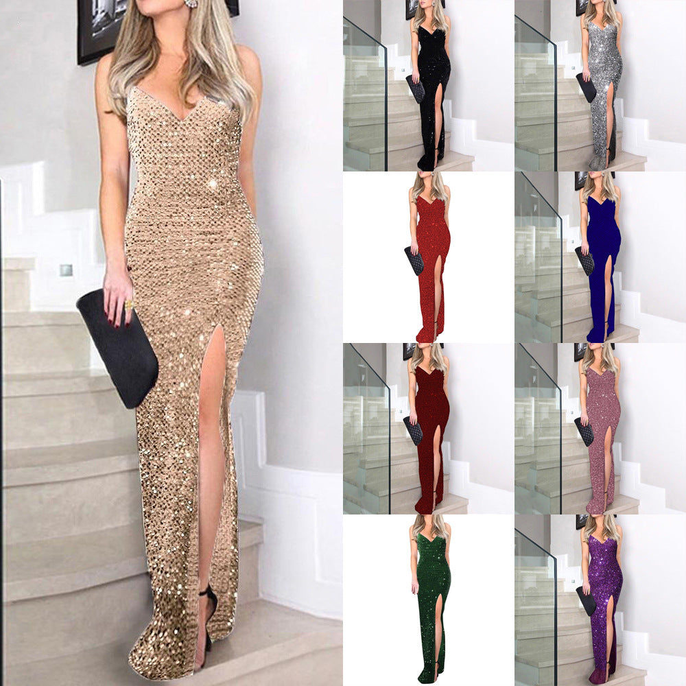 A Halter Sequined Slit Dress