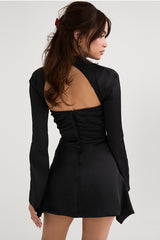 Swan Backless Halter Draped Satin Mini Dress - Black