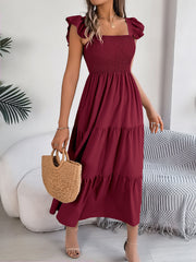 Ruffle Off The Shoulder Embroidered Floral Tiered Maxi Dress - Wine Red