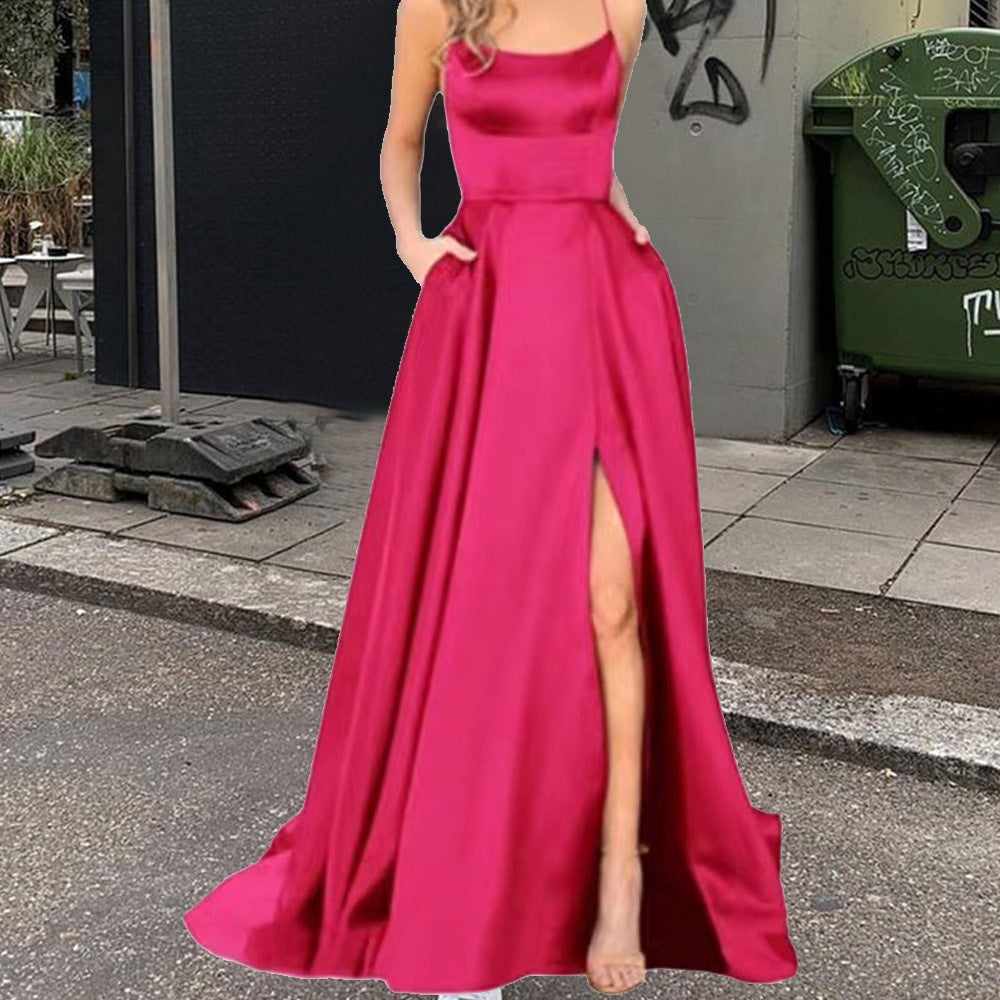 Elegantes Abendkleid mit hohem Schlitz, rückenfreies langes Kleid