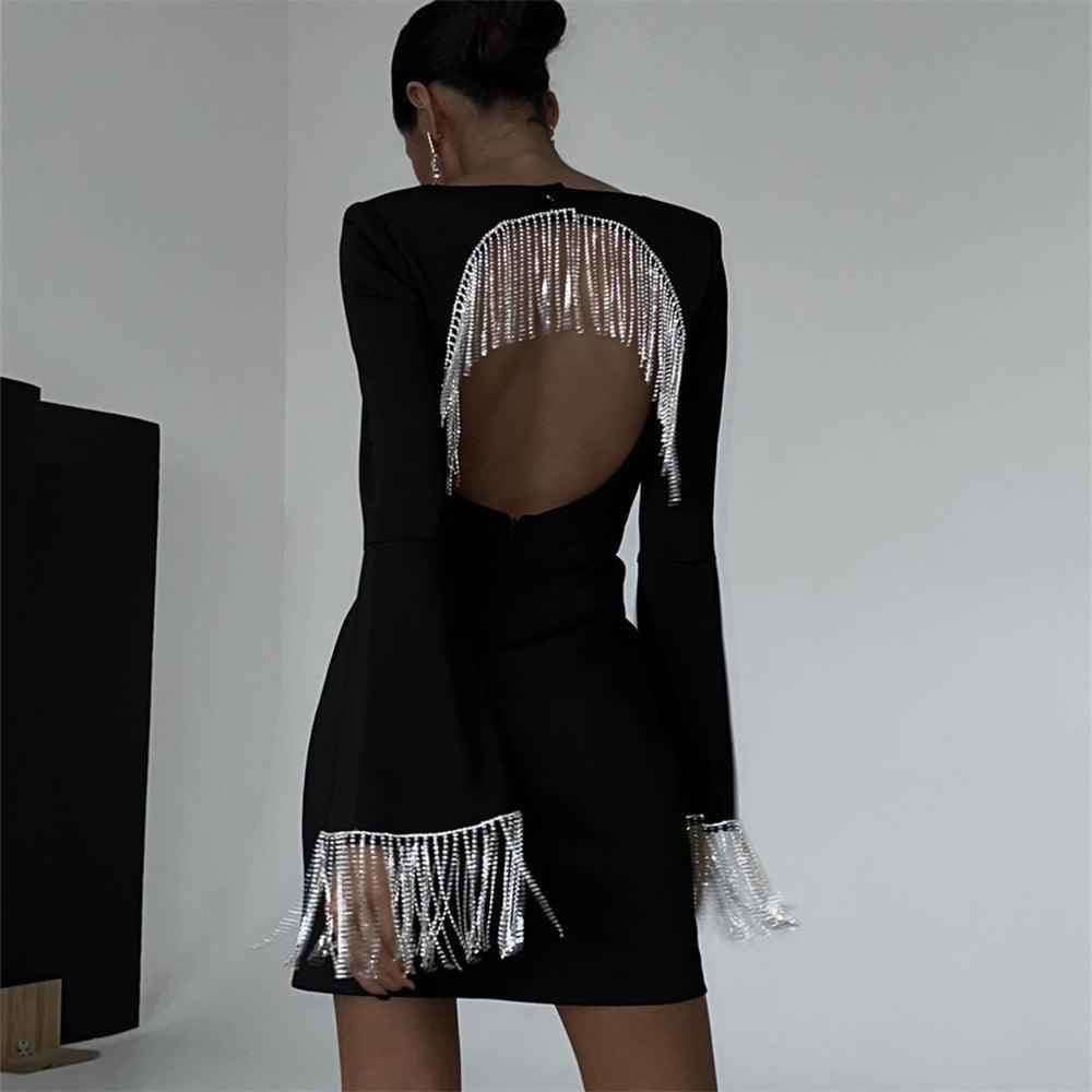 Festive Gem Sparkle Diamond Chain Backless Mini Dress