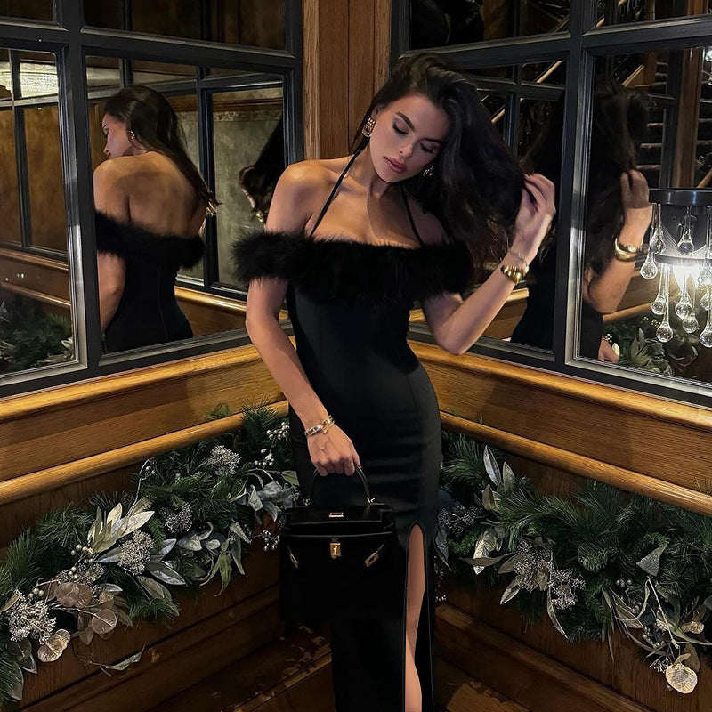Halter neck fur sleeveless elegant slit dress