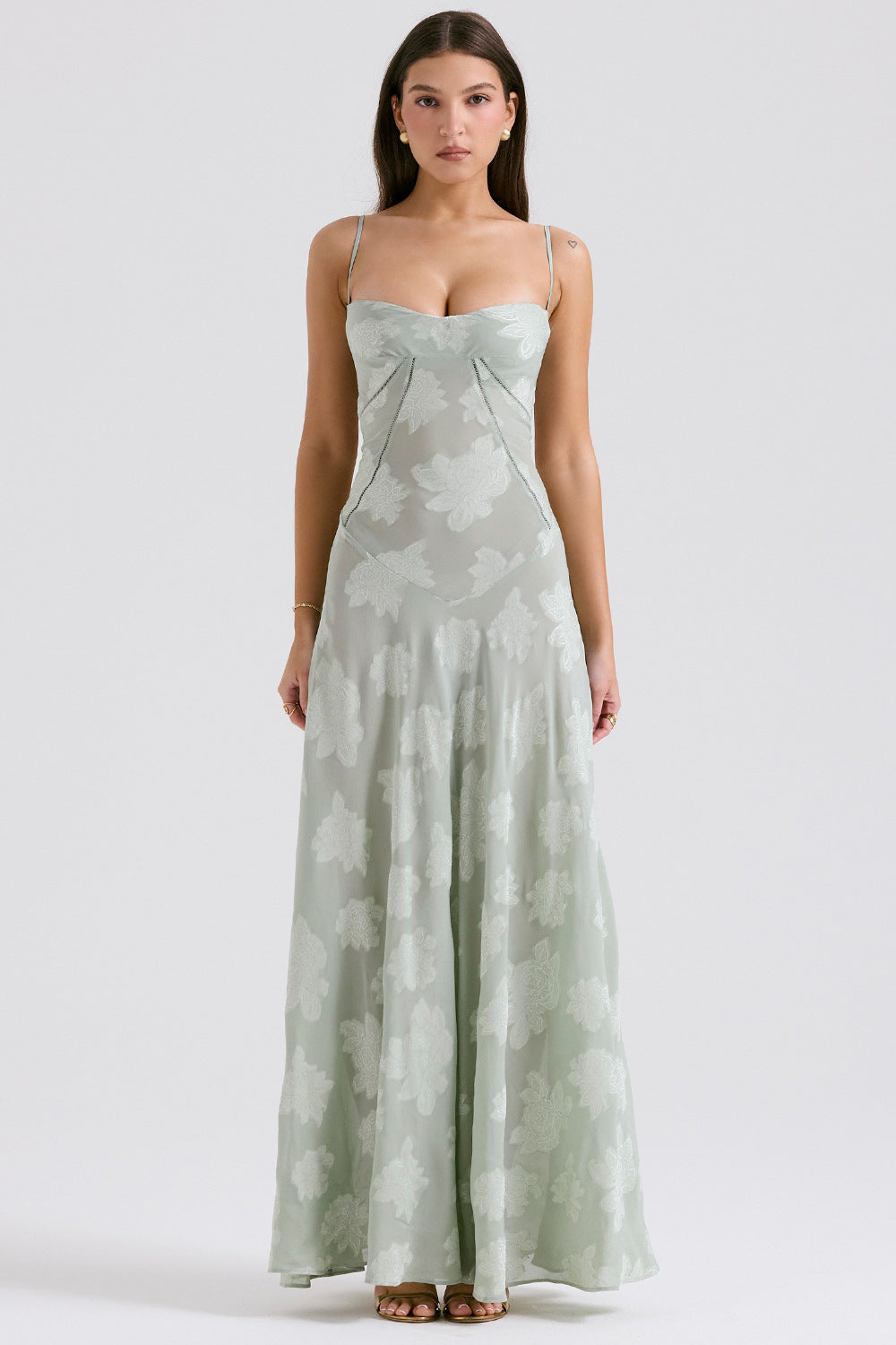 Floral Cowl Neck High Slit Slip Midi Dress - Sage Green