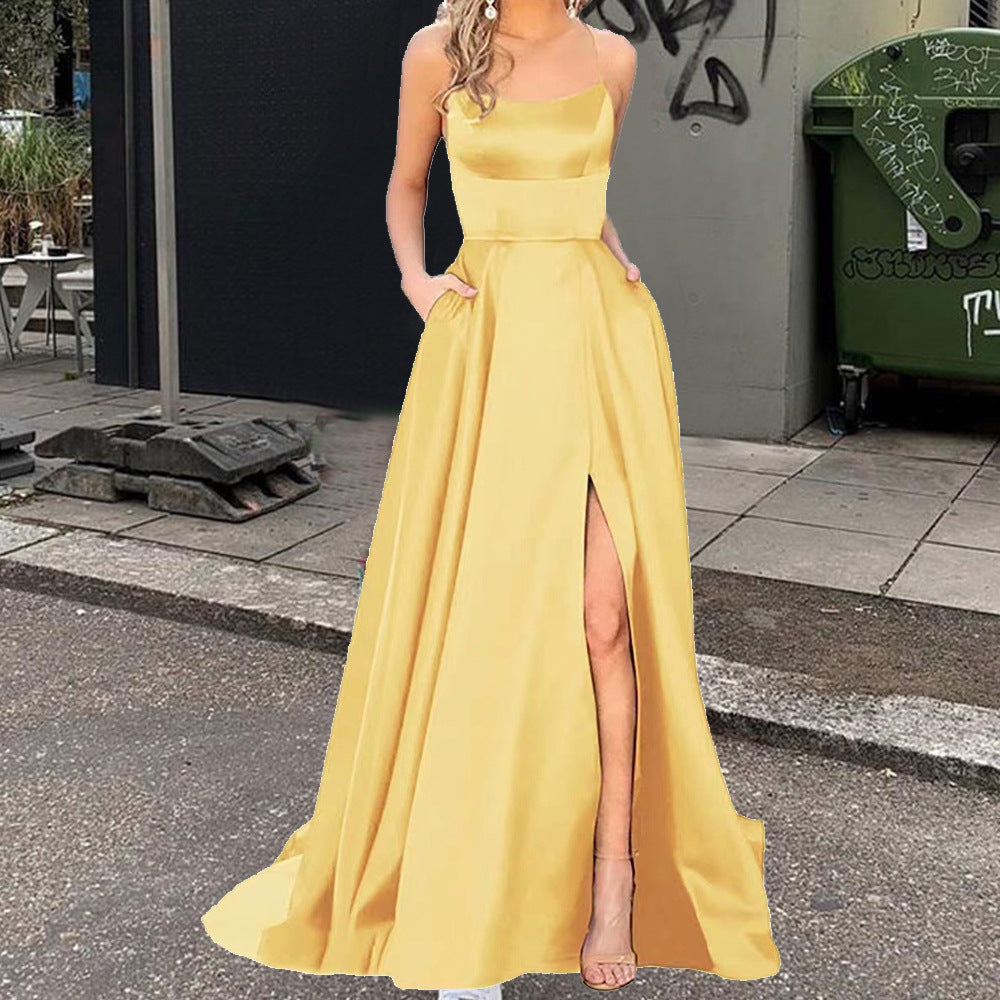 Elegantes Abendkleid mit hohem Schlitz, rückenfreies langes Kleid