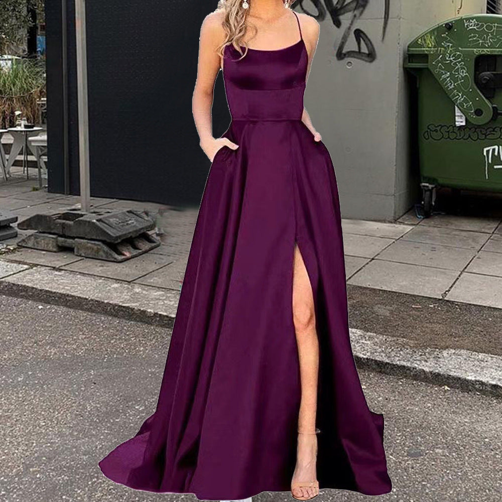 Elegantes Abendkleid mit hohem Schlitz, rückenfreies langes Kleid